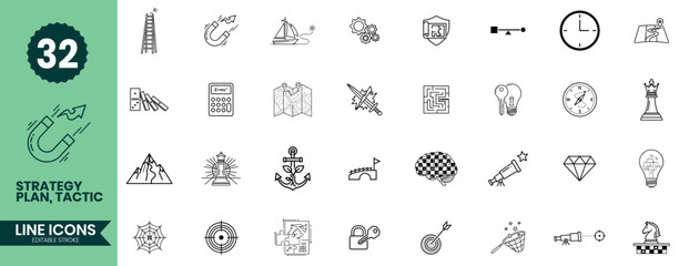 Strategy Planning Line Icons Set 32 Business Strategy, Decision-Making, Goals, Analysis, and Leadership Outline Vector Symbols