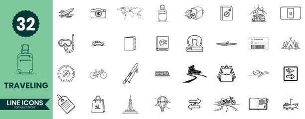 Traveling Line Icons Set 32 Tourism, Adventure, Vacation, Transportation, and Outdoor Activity Outline Vector Symbols