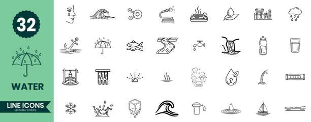 Water Line Icons Set 32 Clean Symbols for Water, Hydration, Aquatic Activities & Nature