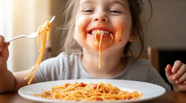 Toddler joyfully eating spaghetti with sauce