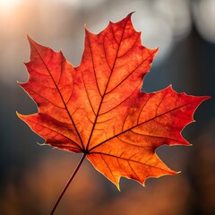 Closeup of a vibrant red maple leaf illuminated by sunlight in autumn