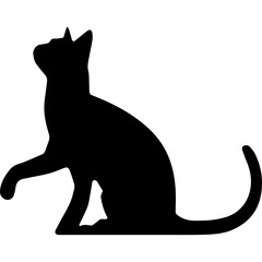 Black Silhouette of a Cat Sitting and Looking Up with One Paw Raised on a Transparent Background