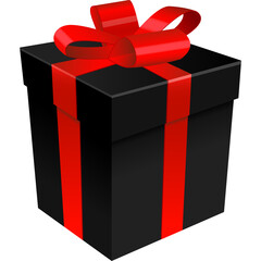 Black Gift Box With Red Ribbon And Bow On Transparent Background Square Shape Surprise Present Open Surprise Celebration Event