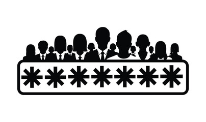 Silhouette group of people standing behind a password input field with asterisks