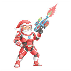 Watercolor Santa Claus in Space Suit Holding Laser Gun, Futuristic Christmas Illustration on White Background
