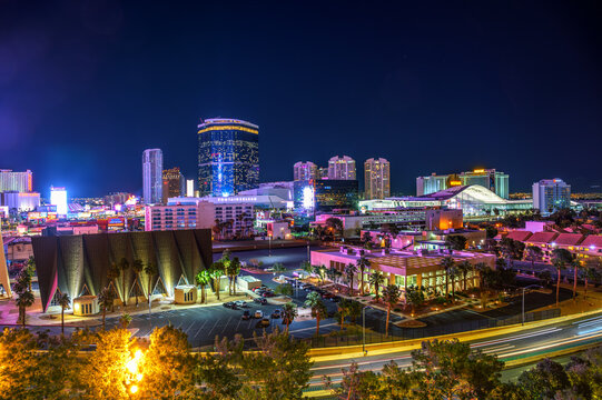 Las Vegas, Nevada, USA - November 10, 2023: Night view of Las Vegas featuring the Convention Center West Hall, Fontainebleau, Westgate, and Guardian Angel Cathedral.