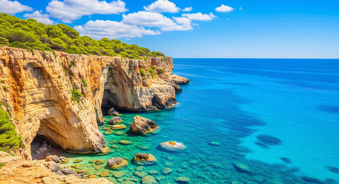 Idyllic coastal paradise turquoise waters meet rugged cliffs in a stunning seascape