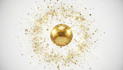 Golden disco ball reflecting light and shimmering as an explosion of gold glitter and confetti bursts outwards, creating a dynamic and festive atmosphere perfect for celebration and party events