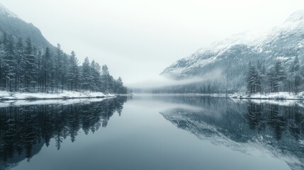 Snow-covered mountains and foggy reflections in a serene lake during winter morning light