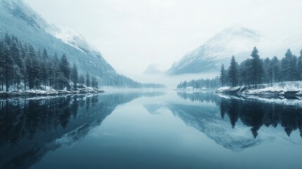 Winter landscape with snow-covered mountains and calm reflective lake under overcast sky in a serene natural setting