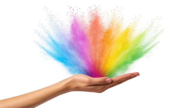 Colorful powder exploding from a hand, rainbow spectrum creative burst isolated on white background