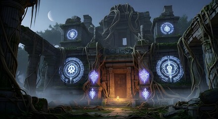 Ancient temple ruins with glowing symbols and moonlight in a mystical forest