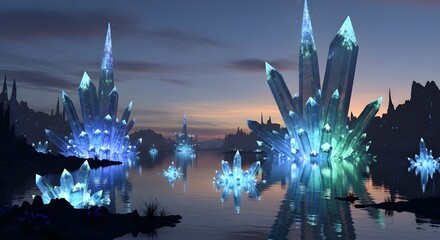 Crystal landscape with glowing formations and reflections in a serene lake