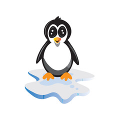 Cute cartoon baby penguin standing on a melting ice floe vector illustration. Adorable Antarctic animal mascot character for winter, climate change, or children's design