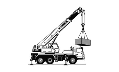 Naklejka premium A mobile crane lifts a heavy concrete block with its extendable boom.
