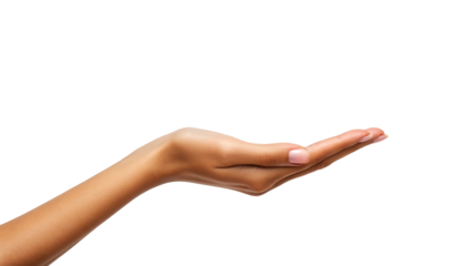 Female hand showing empty palm up gesture for holding or receiving. isolated on white background
