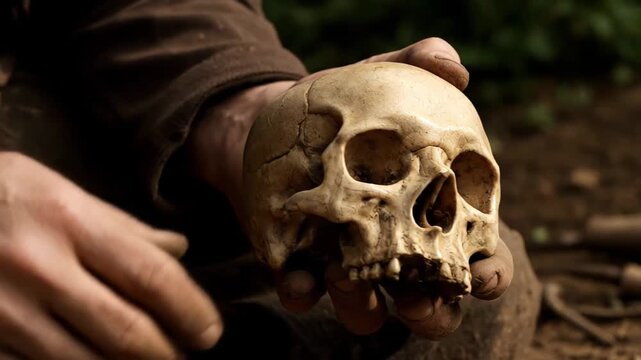 Hands of an archaeologist carefully holding and examining an ancient human skull. Scientific discovery and anthropology concept in a dramatic setting