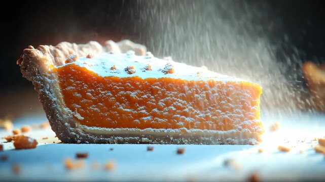 A Taste of Thanksgiving Slow motion sugar dusting on a perfect slice of pumpkin pie. A delicious cinematic shot for food blogs and holiday cooking shows.