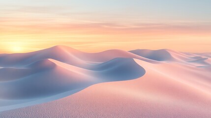 Warm hues of sunrise illuminate soft sand dunes in a serene desert landscape near an oasis during early morning hours
