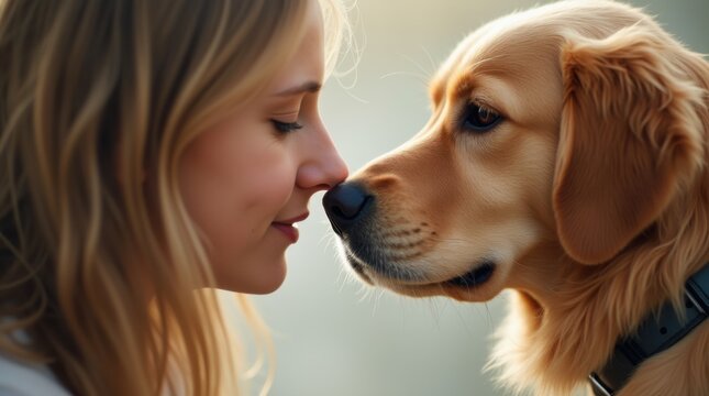A person and their golden retriever dog share a loving gaze, nose to nose.
