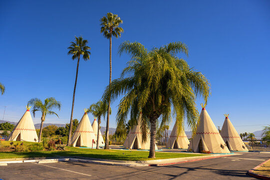 San Bernardino, California, USA - November 3, 2023 : The Wigwam Motel in San Bernardino is a retro landmark on historic Route 66, featuring cozy teepee-shaped rooms for a unique travel experience.