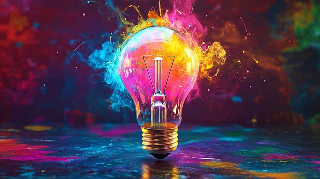 Ignite your imagination with a vibrant, exploding lightbulb symbolizing brilliant ideas bursting forth in a dazzling display of color and energy