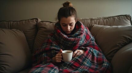 A person sits on a sofa, wrapped in a plaid blanket, looking miserable and holding a hot mug.
