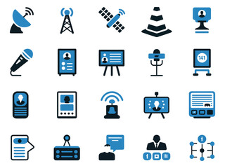 Various communication and media icons in blue and black, representing technology and information exchange.
