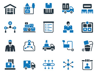 A collection of logistics and delivery icons in various shades of blue, showcasing modern transport.