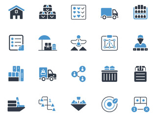 Various logistics and supply chain icons in blue and gray tones, highlighting warehouse operations.