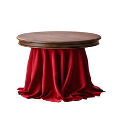 Luxurious Round Wooden Table with Rich Red Silk Drapery - Elegant Home Decor