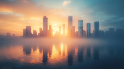 Fototapeta premium Sunrise over a modern city skyline with reflective water, hazy atmosphere, and silhouettes of tall buildings just waking up to a new day