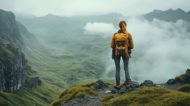 The Adventure Begins A lone hiker stands on a cliff overlooking a misty mountain valley. An epic cinematic shot for travel films and motivational content.