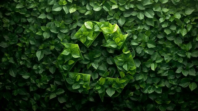 Green recycling symbol made of dense clover leaves on dark foliage background