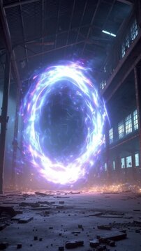A glowing energy portal or wormhole opening inside a derelict, abandoned warehouse, with sparks and bright light, suggesting interdimensional travel, magic, or futuristic technology.


