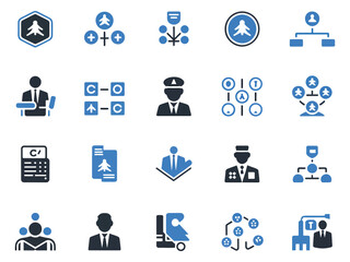 Collection of aviation-themed icons showcasing various airport operations and personnel roles.