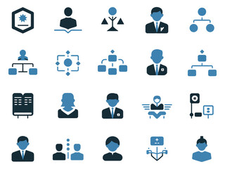 A collection of professional icons depicting various business and organizational themes.