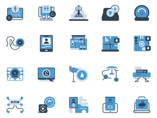 A collection of blue-toned technology and digital icons representing various modern devices and tools.