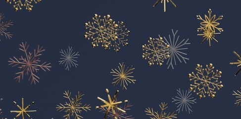 Stylish background featuring 3D gold, silver and copper snowflakes against a navy blue backdrop. Perfect for seasonal designs and cel