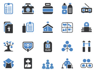Collection of healthcare and safety icons in blue and gray tones, showcasing various essential items.