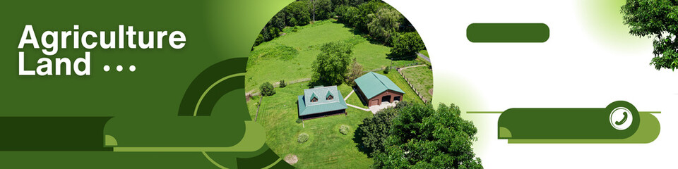 Aerial view of green agricultural land with farm buildings, modern layout elements, and eco-themed design suitable for farming, real estate, and rural development concepts.