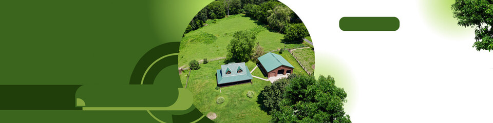 Aerial view of green agricultural land with modern farm buildings surrounded by trees, designed as a clean editable banner background for rural or real estate themes.