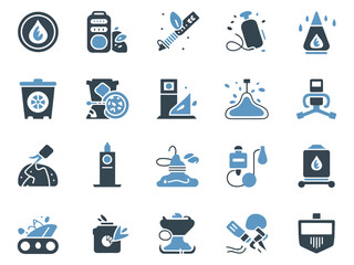 Set of blue and gray icons representing various water and fluid-related activities.