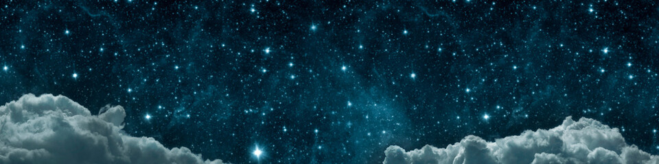 Beautiful starry night sky with scattered bright stars above soft clouds, creating dreamy celestial atmosphere perfect for backgrounds, universe themes, and cosmic visual designs.