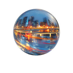 Stunning Glass Sphere Reflecting City Lights Isolated on White Background