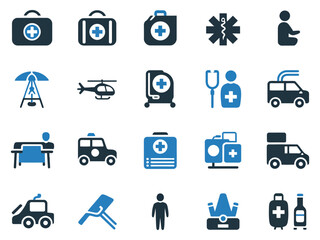 A collection of medical icons, showcasing various emergency services and healthcare tools in blue and dark shades.