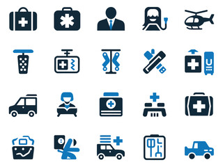 Collection of medical icons representing healthcare services and emergency response.