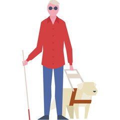 Blind Person With Guide Dog And White Cane Standing On White Background And Transparent Background