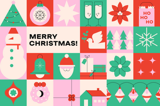 Christmas pattern. Abstract Merry Christmas greeting card with modern geometric xmas elements, trendy festive shapes for poster wrapping paper fabric textile. Vector banner