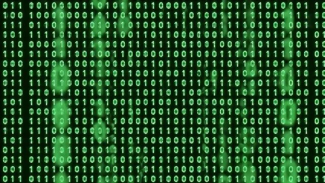 A computer screen showing streaming green binary code